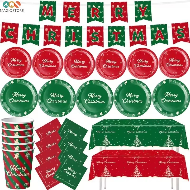 [บ้าน]ชุดบนโต๊ะอาหารคริสต์มาสกระดาษแข็งสีขาว เทอร์ดี้ พร้อมผ้าปูโต๊ะทนการรั่วไหลและ 10 แผ่น 10 ถ้วย 20 ผ้าเช็ดปาก