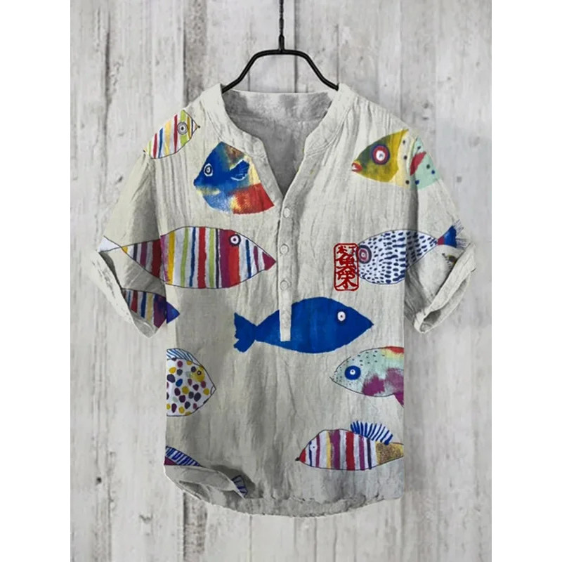 เสื้อเชิ้ตสไตล์ฮาวาย ผ้าลินิน ลายปลามีให้เลือกทั้งขนาดผู้ชายและผู้หญิง เหมาะสำหรับใส่ลำลอง - รูปที่ 2