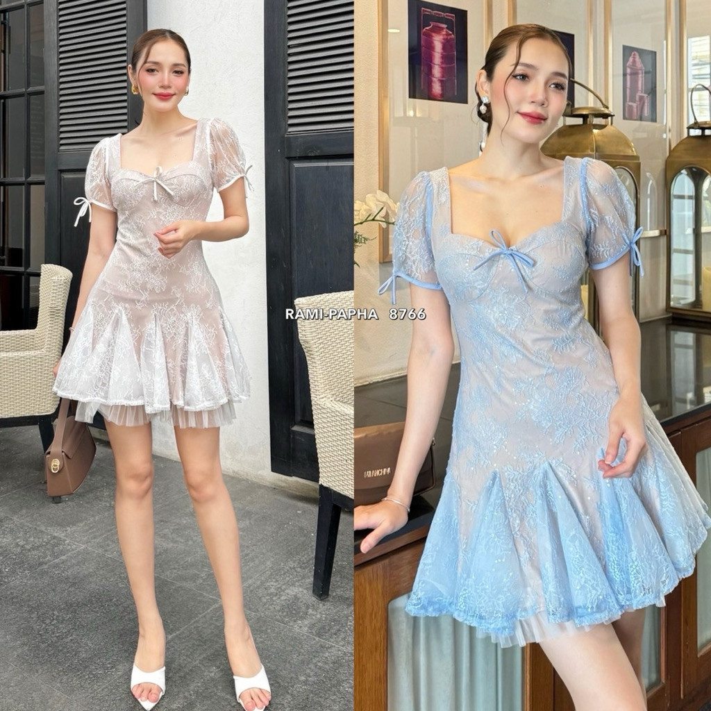 พร้อมส่ง เติม S-L RM 8766 ชุดเดรสลูกไม้ยาว32“ สไตล์สาวเวียด สวยมาก แนะนำลด1ไซ้ นางแบบใส่Sปรกติ32-24-36