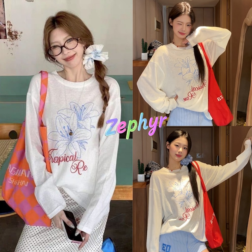 Zephyr-เสื้อแขนยาว ลายดอกไม้ คอกลม ใหม่ เสื้อยืดผู้หญิง แฟชั่นลำลอง ผ้าเนื้อบางเบา สวมใส่สบาย