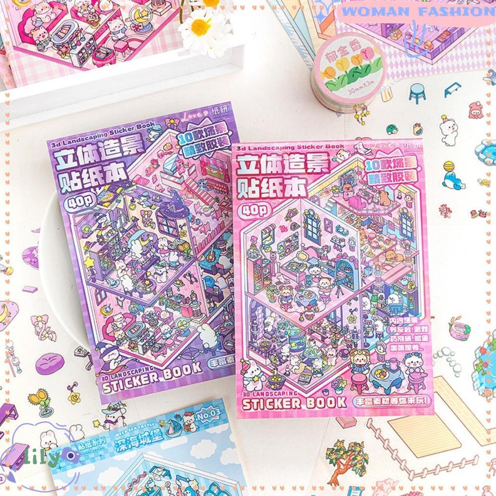 LILY Cabin Scene Pocket Sticker, DIY Miniature House Landscape Sticker Book, การ์ตูน PET Sticker Cab