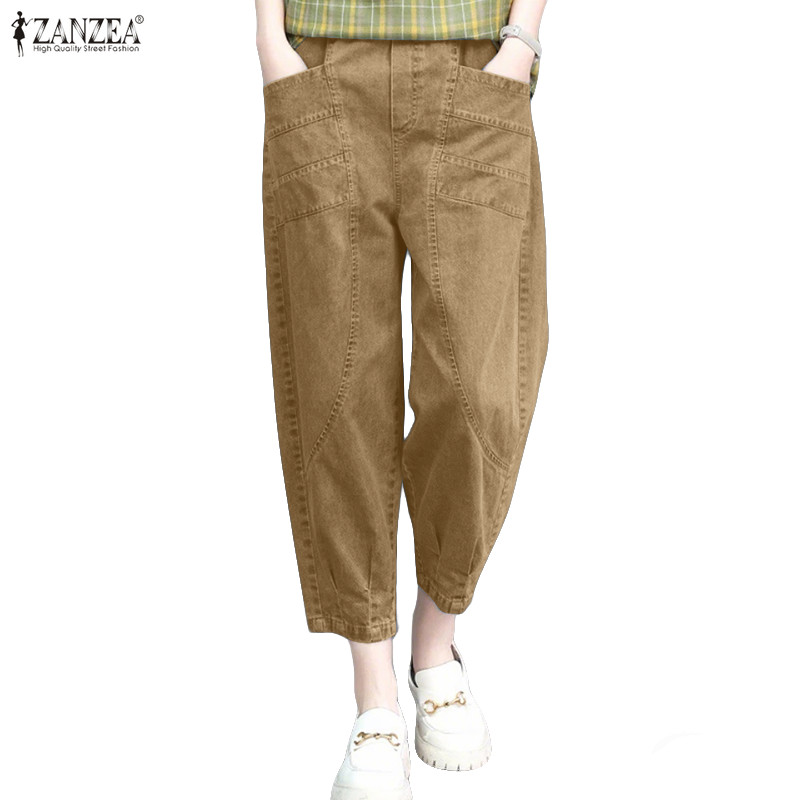 ZANZEA ใส่ ซานเซีย ผู้หญิงเกาหลีย้อนยุคเอวยางยืดสบายๆกับกระเป๋าธรรมดาตัดกางเกงแครอท — صورة 6