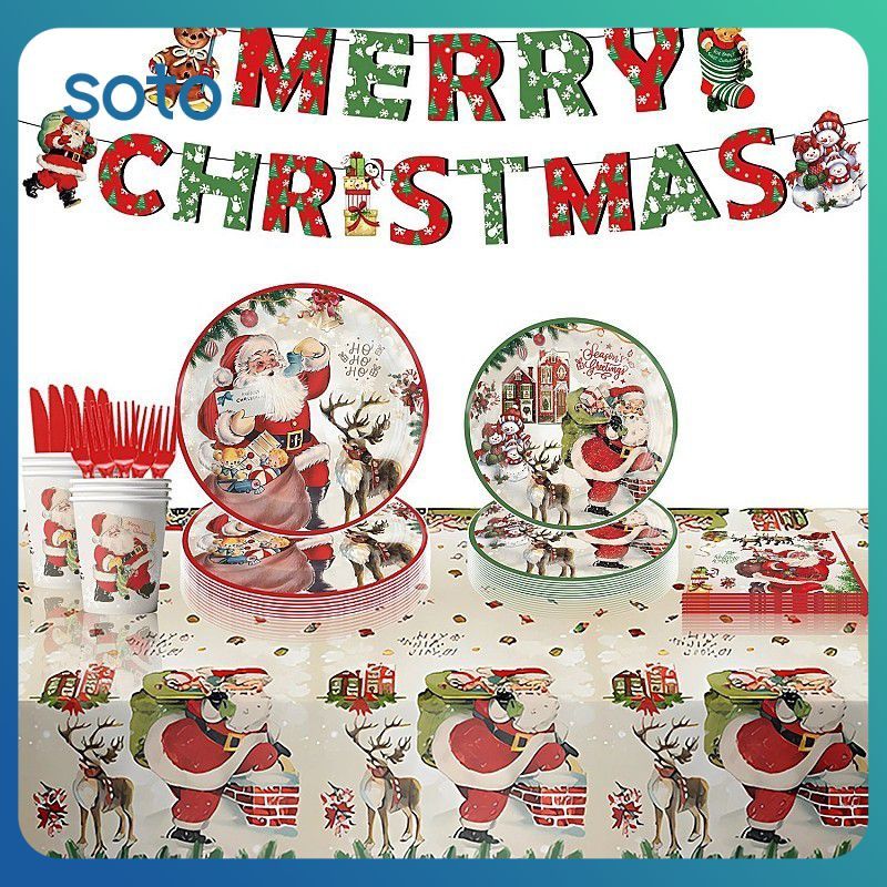 ♫ ชุดอาหารใช้แล้วทิ้งสำหรับงานปาร์ตี้คริสต์มาส จานกระดาษลายซานต้าเอลค์ ถ้วยกระดาษ ของตกแต่งคริสต์มาสปี 2025