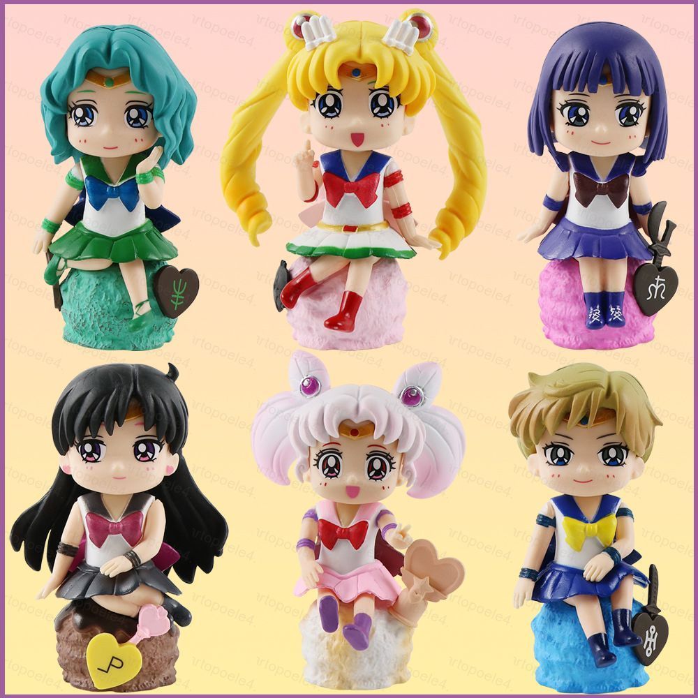 6pcs Sailor Moon Action Figure Chibiusa Ami Rei Haruka Hotaru ตุ๊กตาของเล่นสําหรับสาวเด็กของขวัญคอลเ