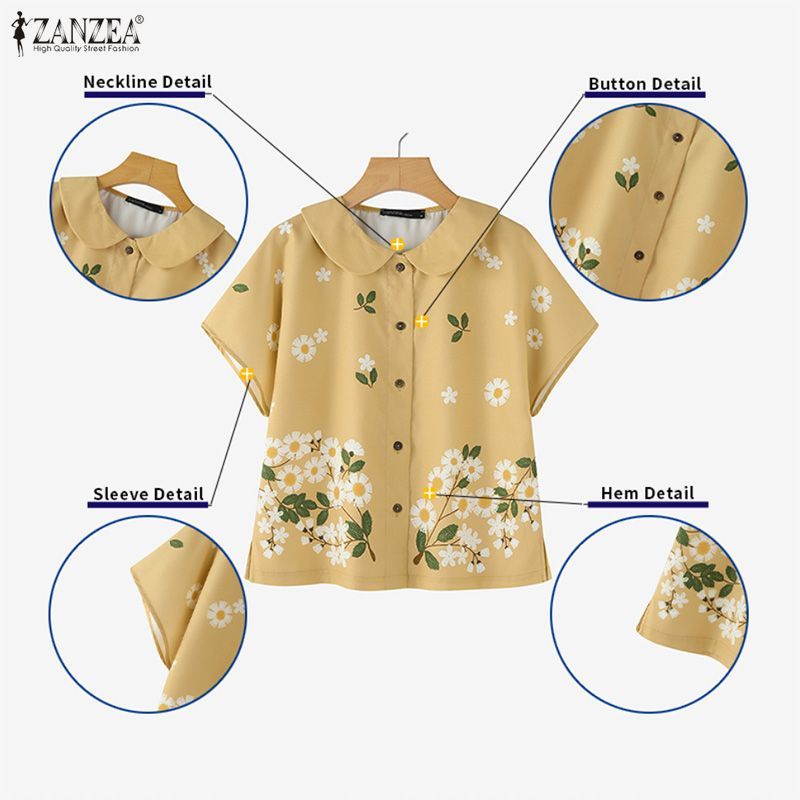 ZANZEA เสื้อแขนระบายพิมพ์ลายดอกไม้แบบแร็กแลนสำหรับผู้หญิง สไตล์เกาหลี สวมใส่ง่ายในฤดูร้อน — صورة 7