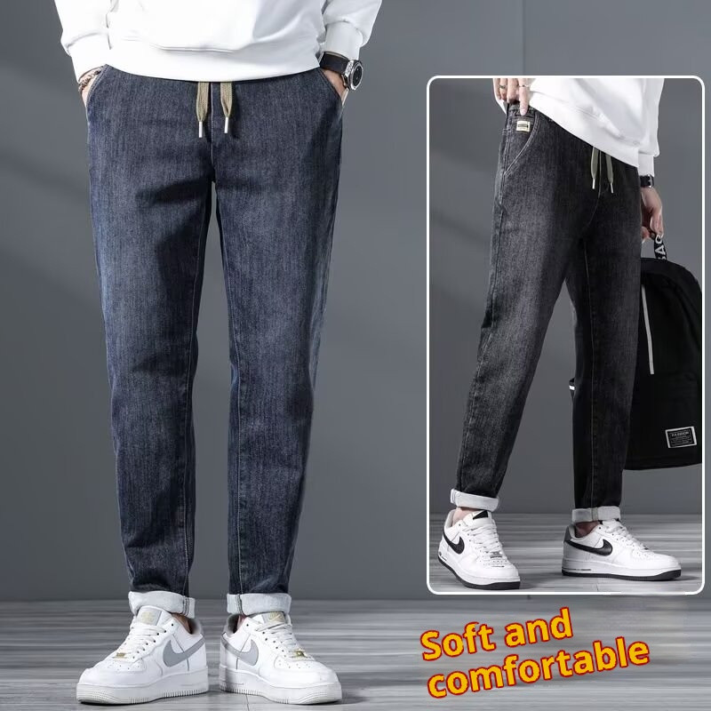 กางเกงยีนส์ผู้ชาย สไตล์ธุรกิจและย้อนยุค อเมริกัน แบบฮาเร็ม เอวยางยืด