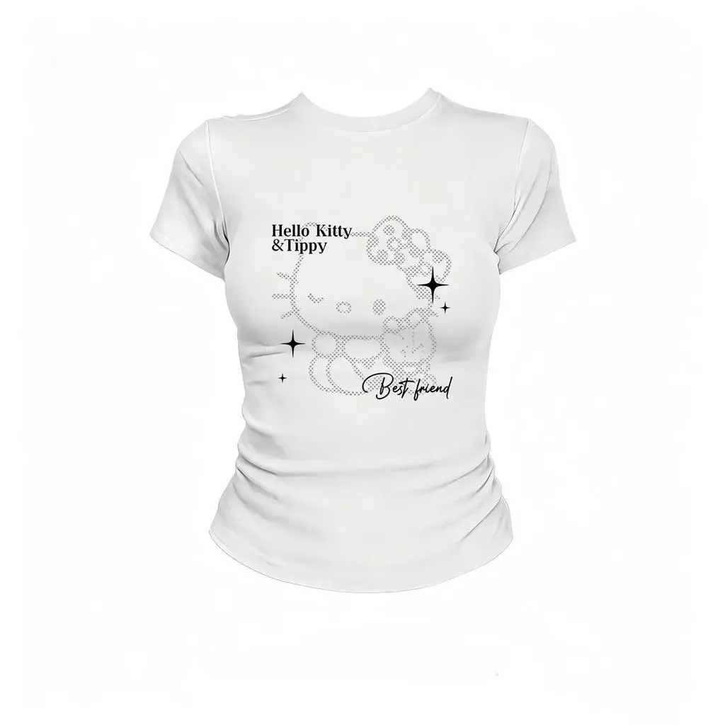 เสื้อยืดแขนสั้นพิมพ์ลายสไตล์อเมริกัน ดีไซน์ใหม่สำหรับผู้หญิงรับซัมเมอร์ ทรงเข้ารูป กระชับสัดส่วน เนื้อผ้ายืดหยุ่น