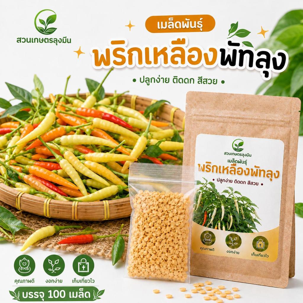 [ซื้อ 3 แถม 1] เมล็ดพันธุ์พริกเหลืองพัทลุง I 1 ซอง 100 เมล็ด I พริกใต้แท้ เผ็ดหอม ปลูกง่าย ติดผลดก เผ็ดจัดจ้าน