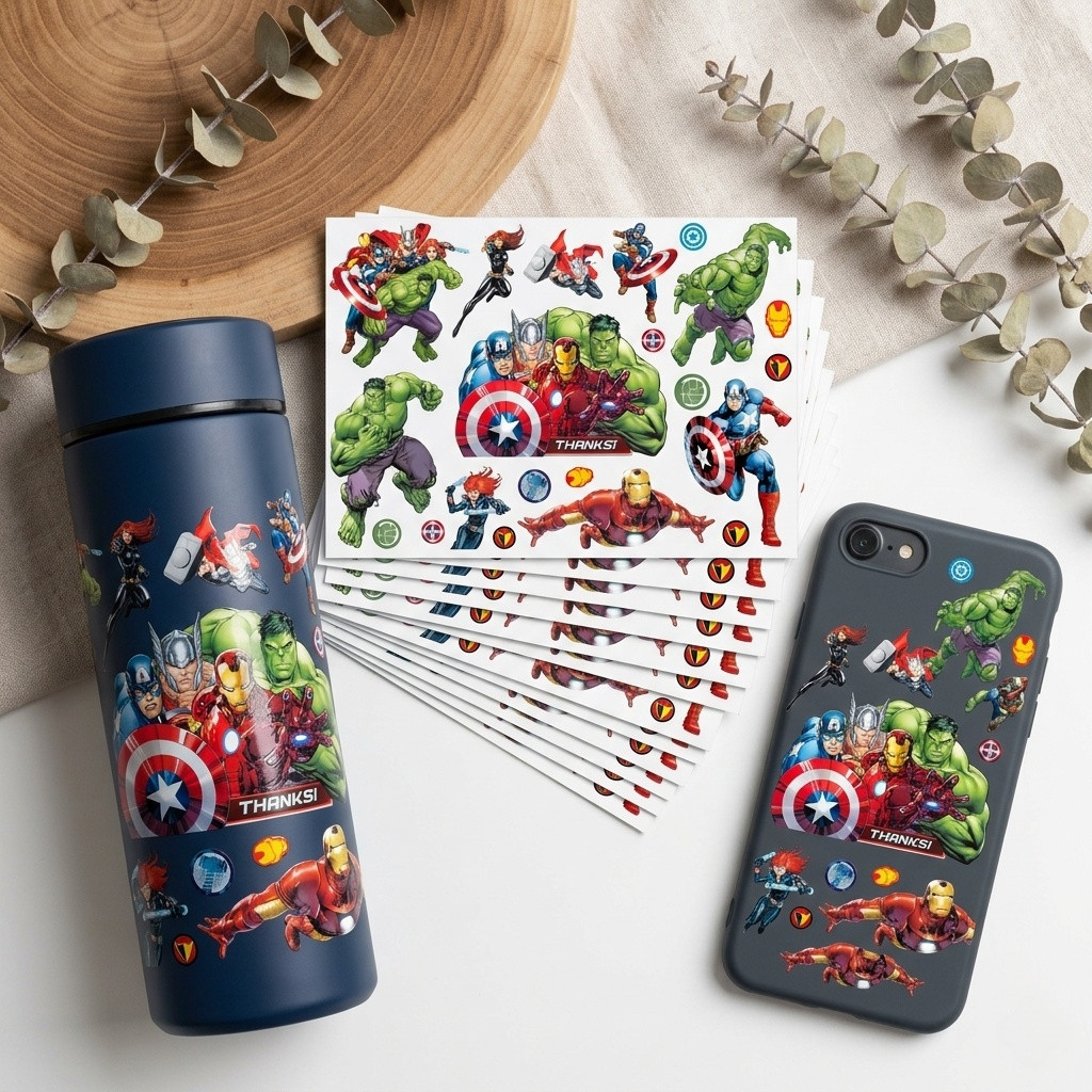 The Avengers การ์ตูนน่ารัก UV DTF สติ๊กเกอร์กันน้ํา Transfer Decal พร้อมพื้นผิวคริสตัล