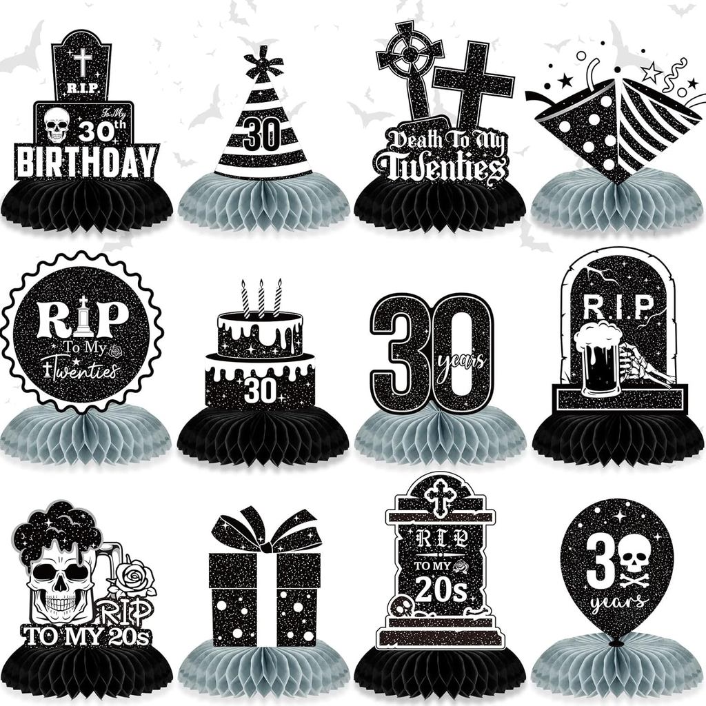 12 แพ็ค RIP to My 20s ตกแต่งวันเกิด, Death to My 20s, RIP 20s วันเกิดสีดําและสีขาวรังผึ้งตกแต่งชิ้นก