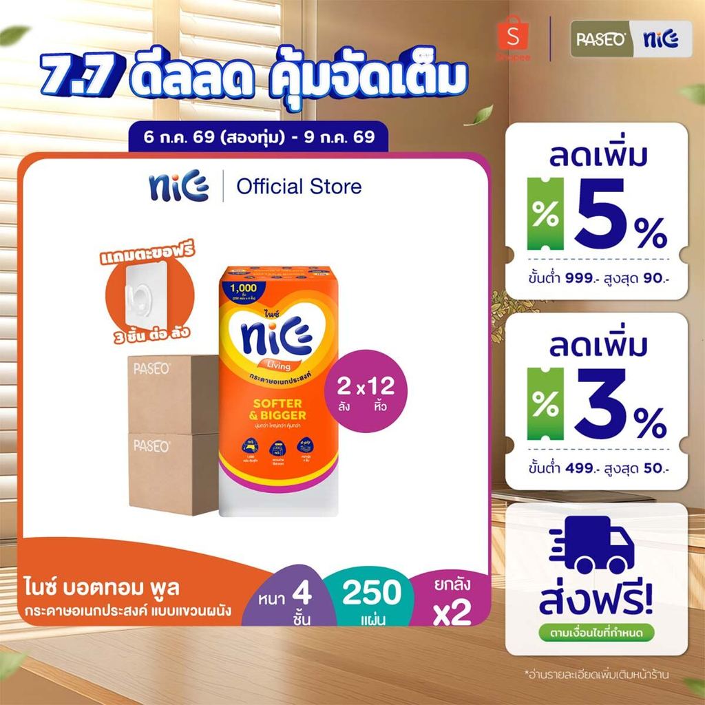 (2 ลัง 12 หิ้ว) Nice ไนซ์ บอตทอม พูล กระดาษอเนกประสงค์แบบแขวนผนัง หนา 4 ชั้น 250 แผ่น (แถมตะข้อ) (ทิชชู่ กระดาษทิชชู่)