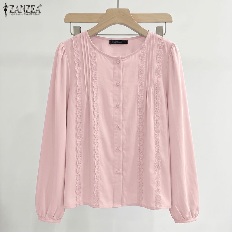ZANZEA เสื้อลําลองแขนยาว O ผู้หญิงหลวมเกาหลี A-Line ลูกไม้ Splice — صورة 4