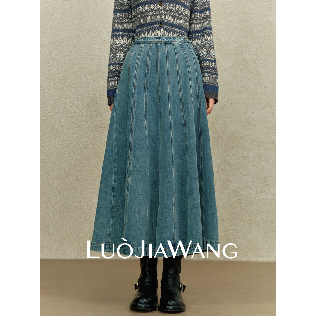 Indigo Dancing 丨 LUJIAWANG 丨 กระโปรงยีนส์ 2026 กระโปรงทรงเอสไตล์ใหม่กระโปรงจีบยาวฤดูหนาว