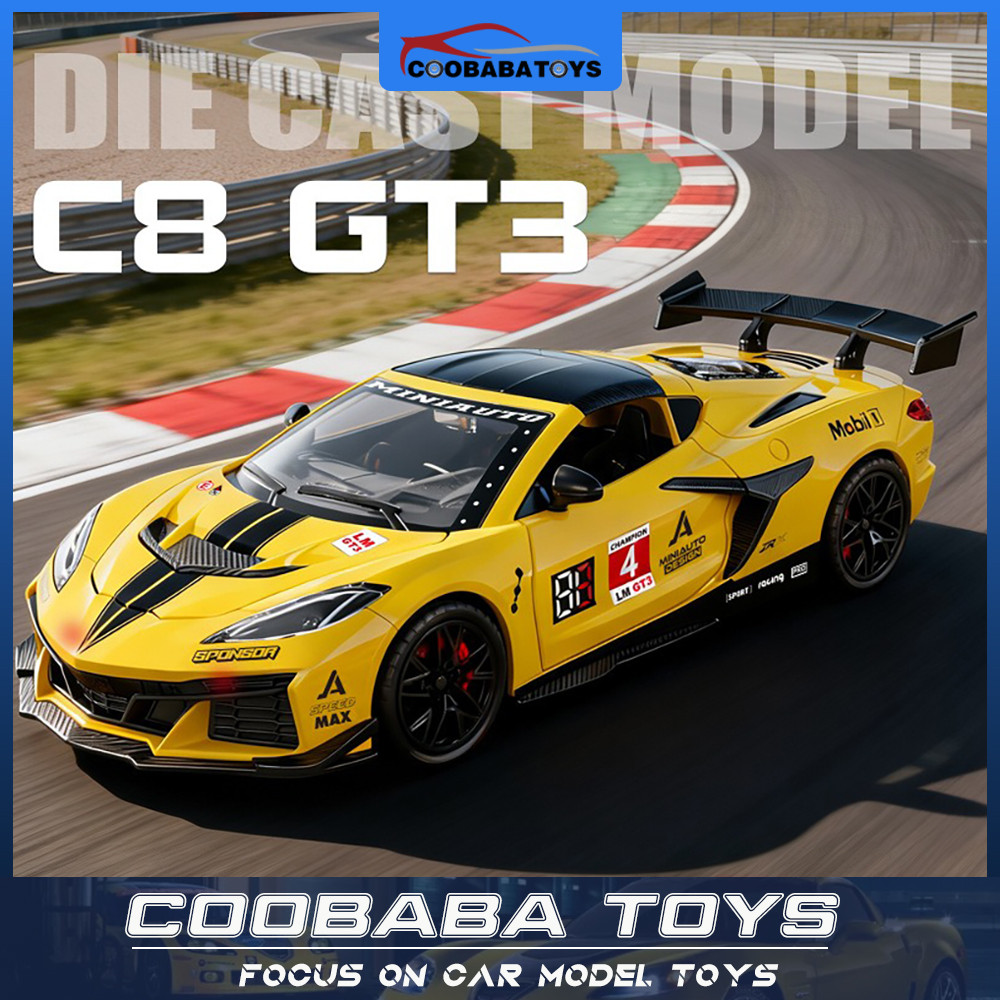 CBB 1:32 Corvette C8 ZR1X GT3 โลหะผสมรถDiecastรุ่นของเล่นเสียงแสงดึงกลับสําหรับเด็กเด็กผู้ใหญ่รถสะสม