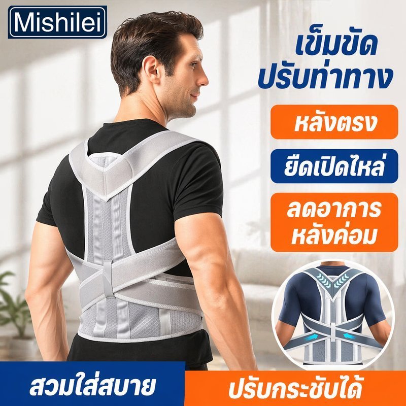 Mishilei เข็มขัดปรับท่าทาง เข็มขัดพยุงหลัง แก้หลังค่อม สายรัดเปิดไหล่ ระบายอากาศ ผู้ใหญ่
