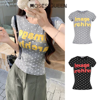 MOSESQUEEN เสื้อยืดแขนสั้นคอกลมพิมพ์ลายดาวตัวอักษรสําหรับผู้หญิง - เสื้อคอกลมพิมพ์ลายเข้ารูปฤดูร้อน #63747