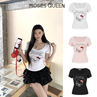 MOSESQUEEN เสื้อยืดแขนสั้นคอวีเผ็ด KT cat ทรงสวปท์สไตล์อเมริกัน ทรงเข้ารูป ทรงเข้ารูป ทรงเข้ารูป เอว-cinching top #63753