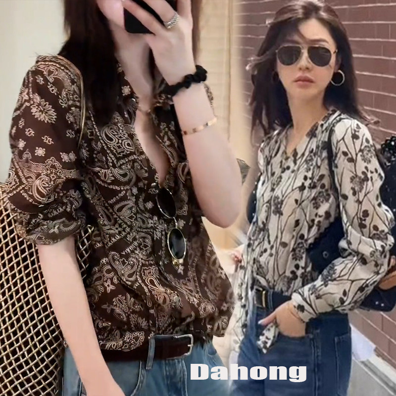 Dahong 💖99503/02  เสื้อเชิ้ตแขนยาวคอวีสำหรับผู้หญิง กระดุมหน้า เสื้อชีฟองลายดอกไม้ ใส่ได้ทุกโอกาส