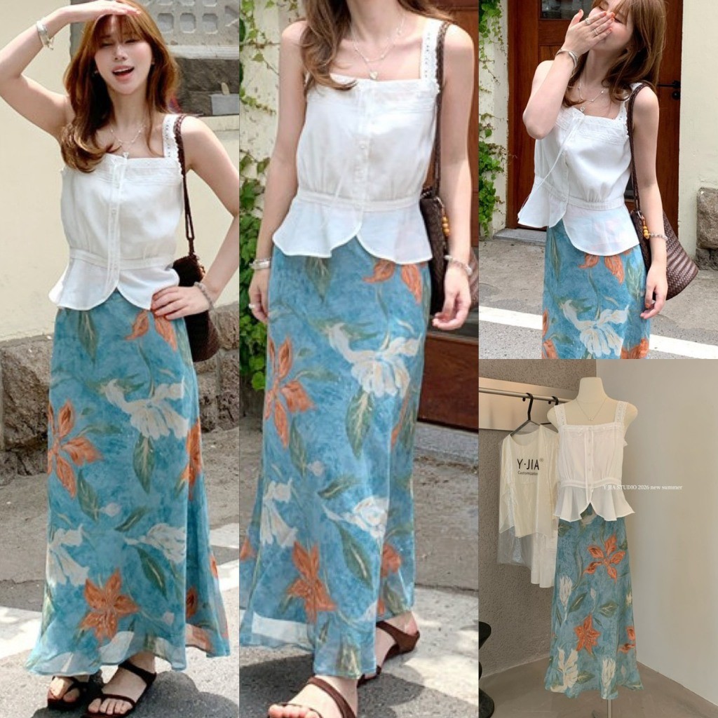 ❤ 🧵 🇰🇷 Y1698 ชุดเซ็ตเสื้อสายเดี่ยวลูกไม้ + กระโปรงยาวลายดอก Floral Maxi Skirt Set เซ็ตเกาหลี แฟชั่นเกาหลี TAG Yjia 🧡