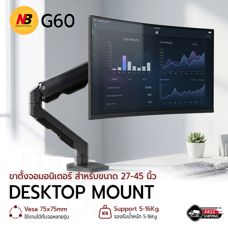 MLIFE - ขาตั้งจอคอม NB G60 Heavy Duty รองรับจอโค้ง 27-45 นิ้ว ขาแขวนจอคอม ขายึดจอคอม ที่ยึดจอ Monito
