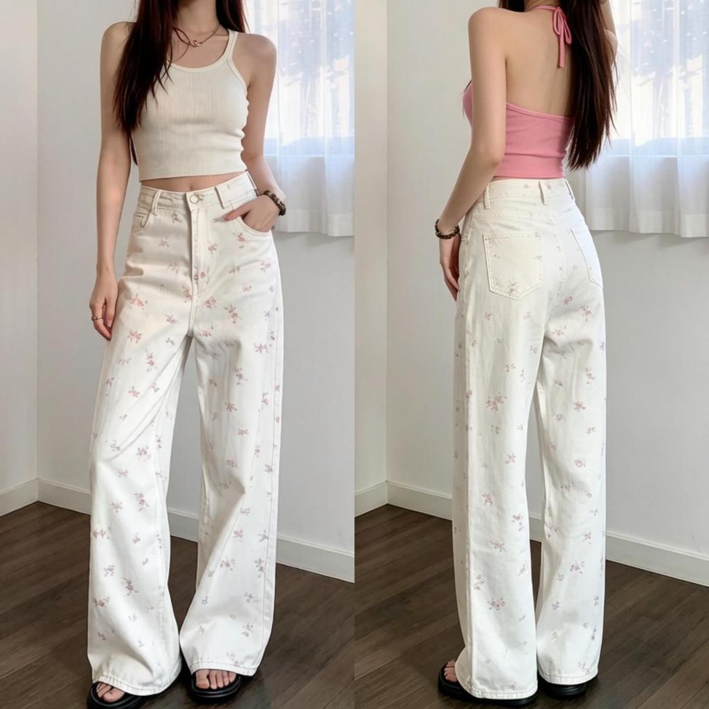 🌸 เข้ากับทุกสไตล์! 👖 กางเกงยีนส์สีขาวลายดอกไม้ เอวสูง ผ้านุ่มสบาย ใส่เที่ยวทะเล ใส่ไปคาเฟ่ ก็คือดีต่อใจสุดๆ