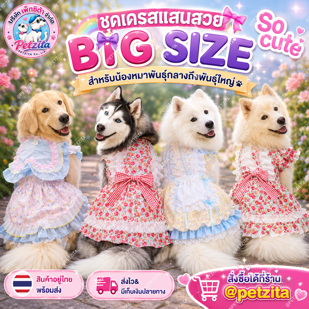 พร้อมส่ง เดรสสัตว์เลี้ยง หมาอ้วน หมาใหญ่ แสนสวยสไตล์โลลิต้า for pet สุนัข