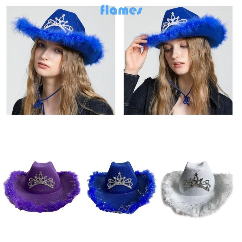 FL Vintage Country Western Fedoras หมวก Cowgirls หมวก Furry Trims Cowgirls หมวกสําหรับงานปาร์ตี้ Pho