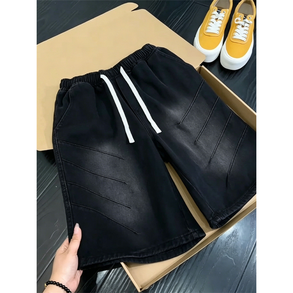 BOYUE BOYUE American vibe Drawstring Denim Shorts Youth Casual Washed Simple Fashion Five-point Pant