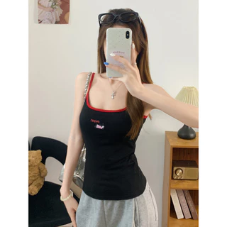 Vogue🌟พร้อมส่ง🌟 เสื้อยืดสายเดี่ยวลายการ์ตูนผสมผ้าสก็อต รุ่นใหม่ฤดูร้อนมีฟองน้ำในตัว สวยน่ารัก (FY3023)