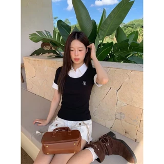 B&R พร้อมส่ง เสื้อยืดแขนสั้นคอปกปลอมสองชั้น เสื้อทรงสั้นเข้ารูปปักลาย สไตล์เกาหลีเรียบง่าย ผู้หญิง