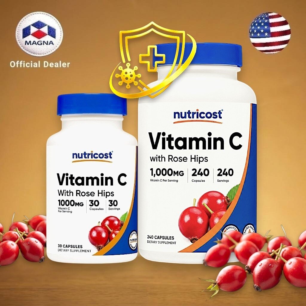 นูทรีคอสท์ วิตามินซี 1000 mg + โรสฮิป แคปซูล Nutricost Vitamin C 1000 /กินร่วมกับ แคลเซี่ยม คลอเรลล่า คอลลาเจน ถั่งเช...