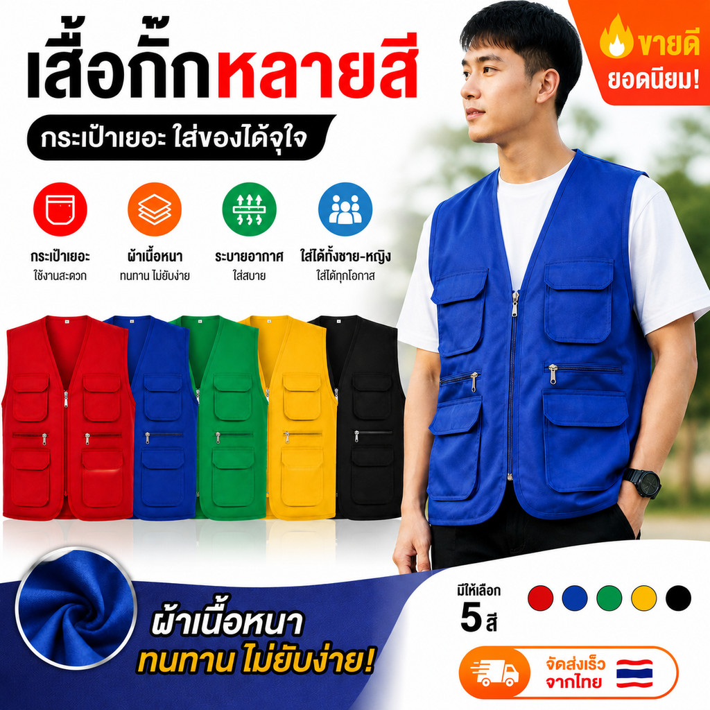 M-4XL 11 สี  เสื้อกั๊กแขนกุดผู้ชายหลายกระเป๋า ชุดทำงาน กระเป๋าหลายช่อง