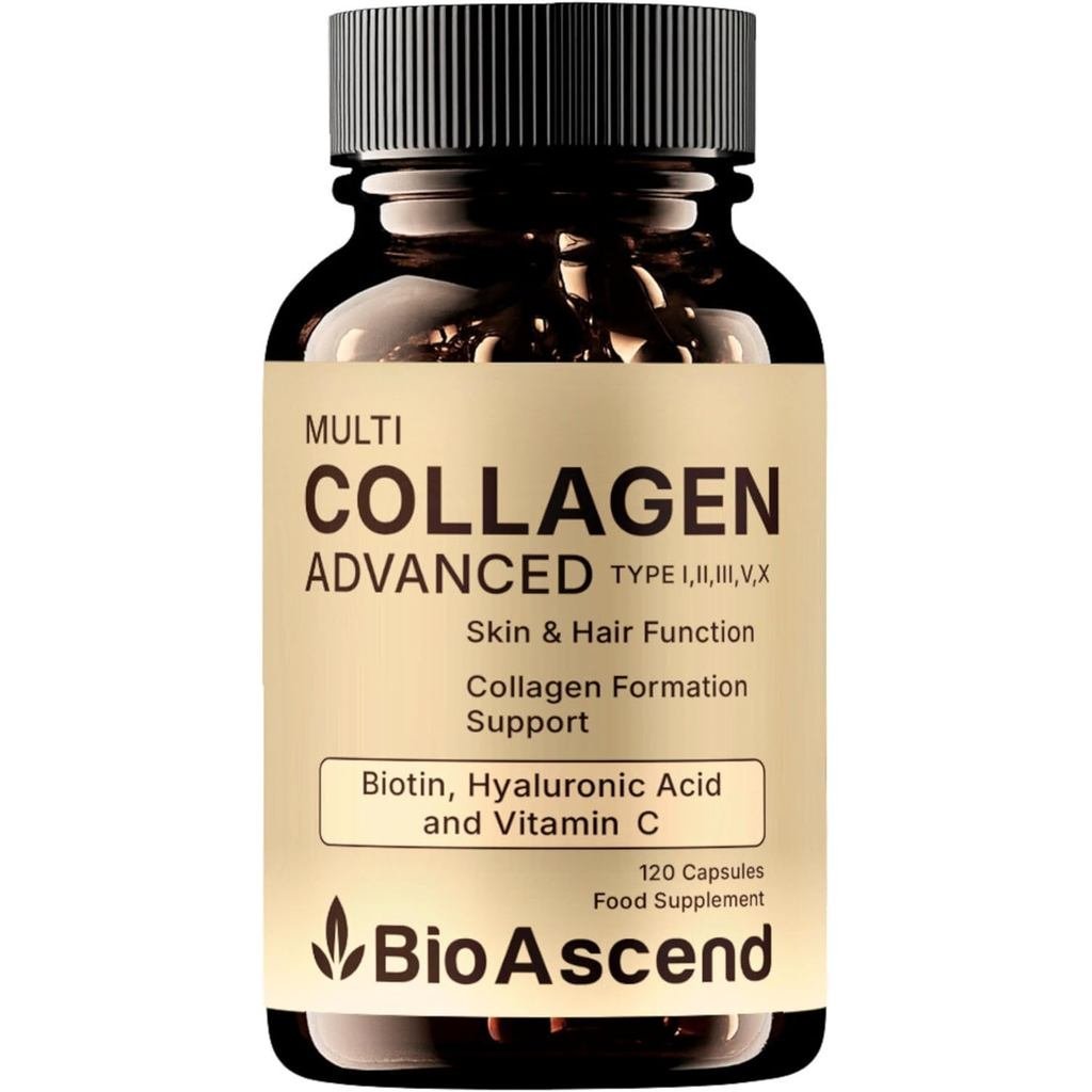 แคปซูลหลายคอลลาเจน – ประเภท I II III V & X – พร้อม C Biotin & Hyaluronic Acid – 120 แคปซูล – 2 เดือน