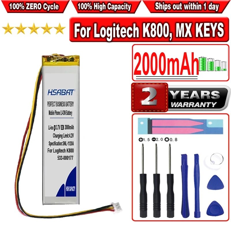 HSABAT แบตเตอรี่ 2000mAh สําหรับ Logitech K800, MX KEYS, YR0073,5333-000221 802085พี 533-000177 533-