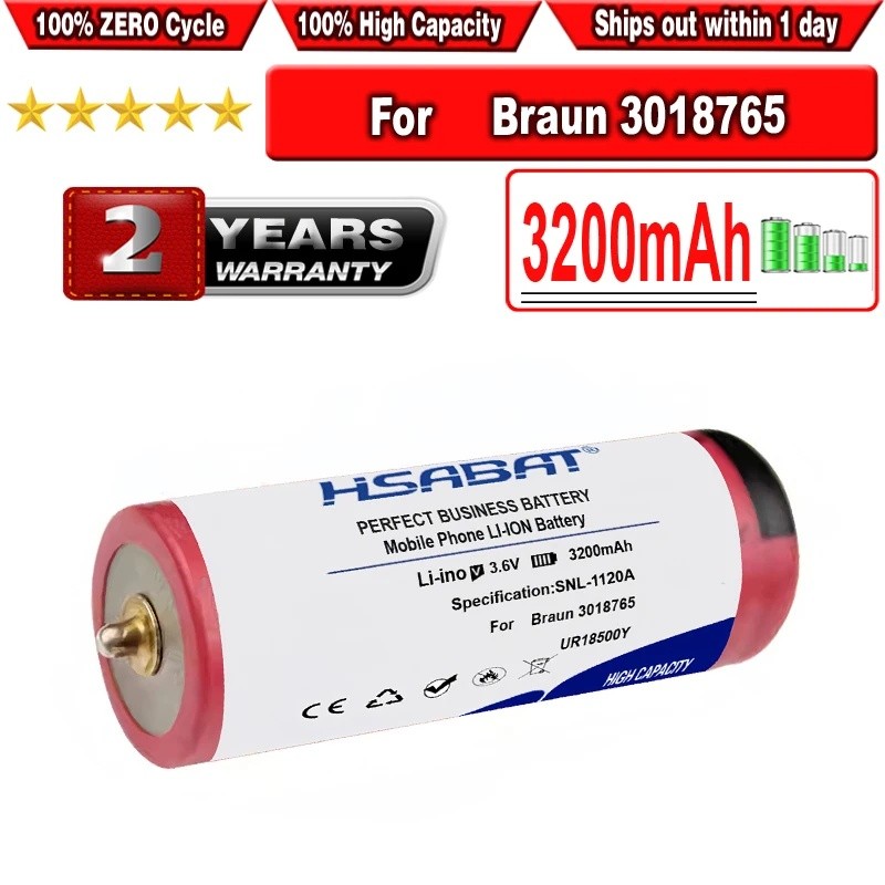 HSABAT 3200mAh UR18500Y แบตเตอรี่สําหรับเครื่องโกนหนวด Braun 3018765 6703925 703-0925 81377206 720 7