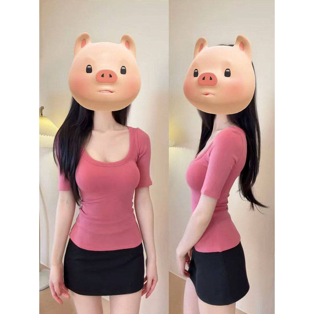 M Moxi Queen Rose สีชมพู Big Collar เสื้อยืดแขนสั้นฤดูร้อนกลางเอว Slim-Fit Slimmer ดูครึ่งแขนด้านบน 