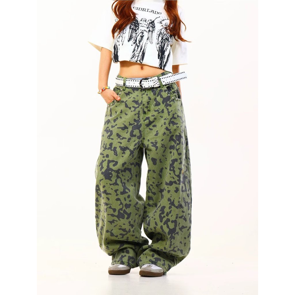 American New Style Retro Leopard Print Wide-Leg All-Match Casual Pants Women Loose Straight Floor Pants Men