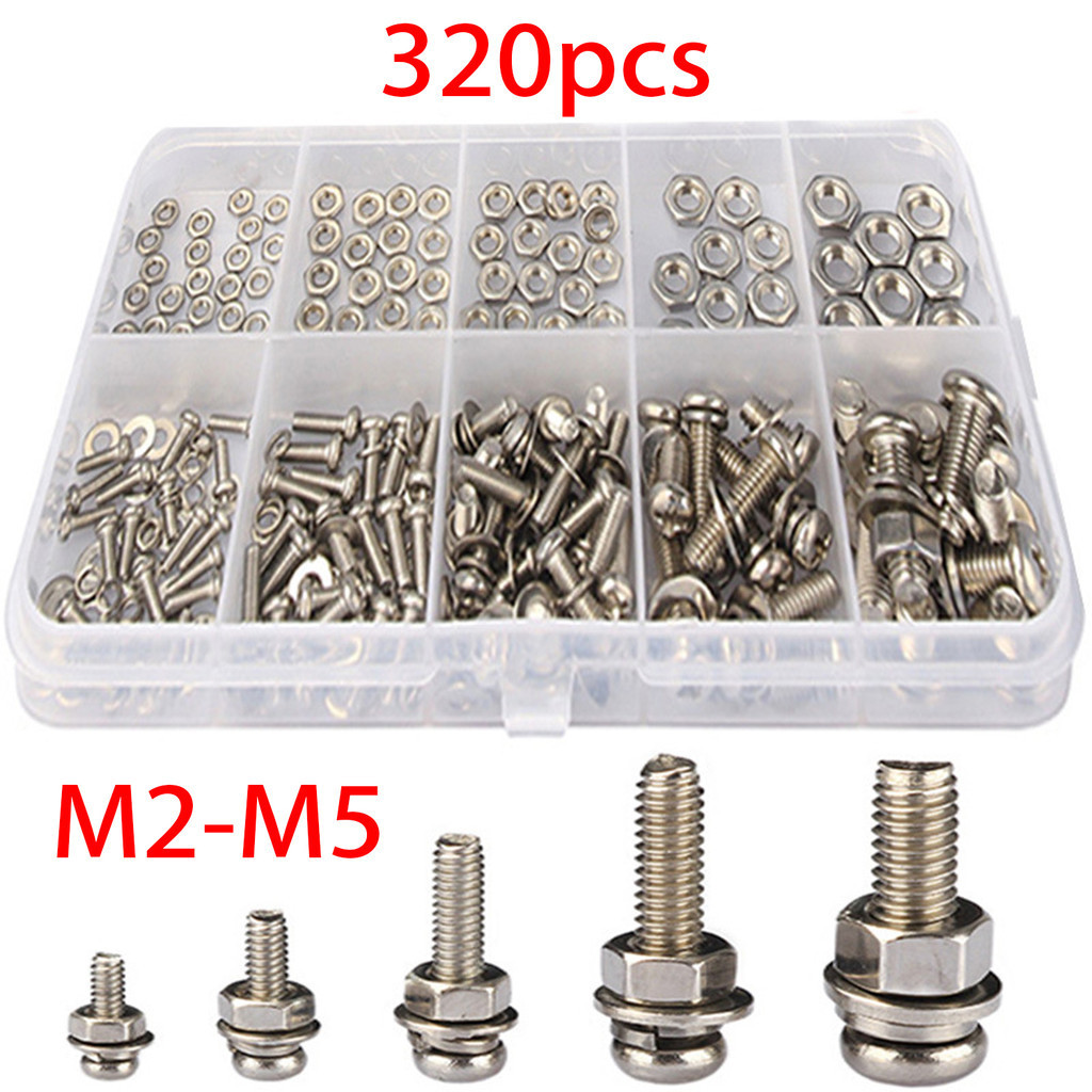 320PCS น๊อตสกรู 304 น๊อตสแตนเลส สกรูสแตนเลส สกรูขนาดเล็ก M2-M5 ชุดน็อตและแหวนรอง หัวกระทะข้ามเกลียวเต็ม