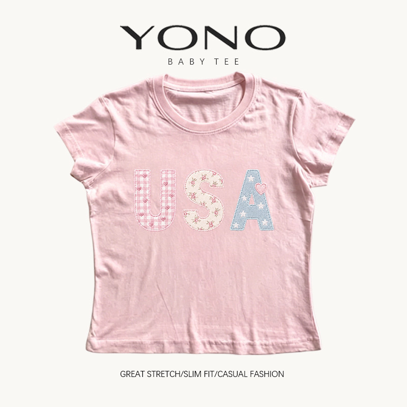 (พร้อมส่ง24ชม.) YONO baby tee สีชมพู ลายเชอร์รีผูกโบว์และโคลเวอร์ ทรงเข้ารูป สไตล์เกาหลี