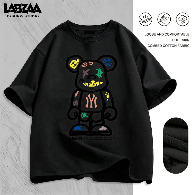 【จัดส่งจากกรุงเทพฯ】LABZAA ทันสมัยและเรียบง่าย เสื้อยืดแขนสั้นคอกลม ลายพิมพ์หมีน่ารัก ระบายอากาศ ผ้าฝ้าย YG858