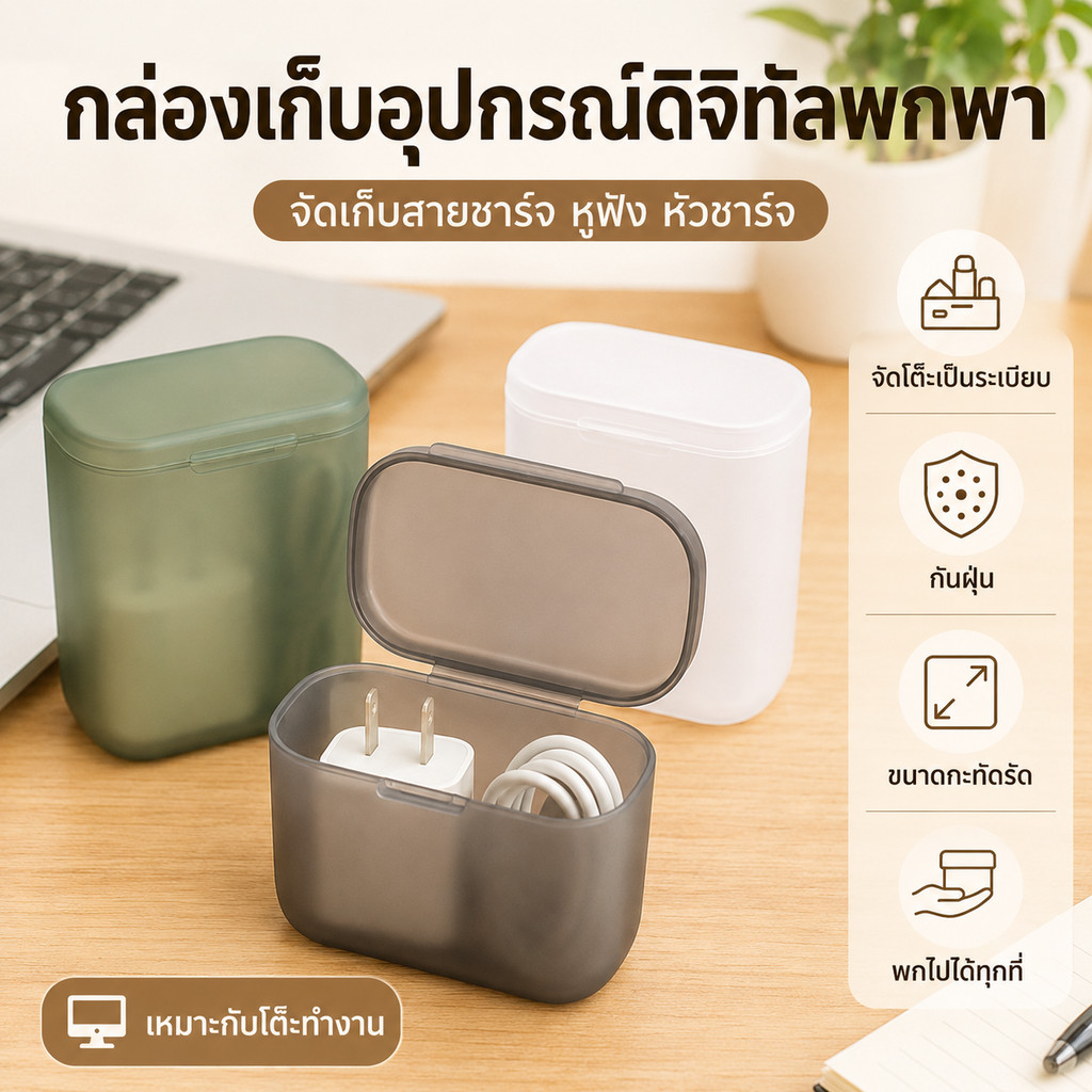 กล่องเก็บหูฟังและสายชาร์จแบบพกพา น้ำหนักเบา ฝาเปิดง่าย ดีไซน์เรียบสวย เหมาะสำหรับใส่กระเป๋าเดินทาง หยิบใช้ง่าย