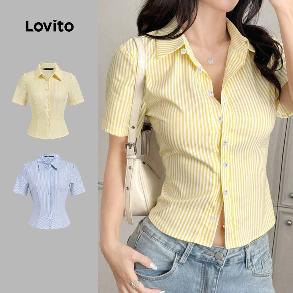 Lovito สง่างาม เสื้อบลาซ่าคอปกแบบ มีปุ่ม สวมใส่ได้ในช่วงฤดูใบไม้ผลิ/ฤดูร้อน สีเหลืองอ่อน สำหรับผู้หญิง เกาหลี อินเทรนด์ L143AD628
