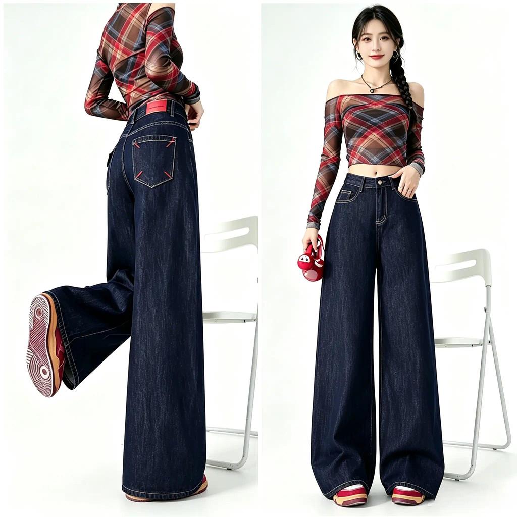 DKJEANS กางเกงยีนส์เอวสูง สีกรมบูล ขาบาน ทรงพรางหุ่น เก็บพุ่ง ป้ายสีแดง สไตล์เกาหลี สำหรับผู้หญิง