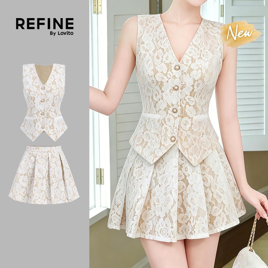 (New Arrival) (Refine by Lovito) เสื้อหรือกางเกงผู้หญิง สีแอปริคอต สไตล์หรูหรา มีปุ่ม ลูกไม้ กระเป๋าปลอม เหมาะสําหรับฤดูใบไม้ผลิ/ฤดูร้อน LR41E329