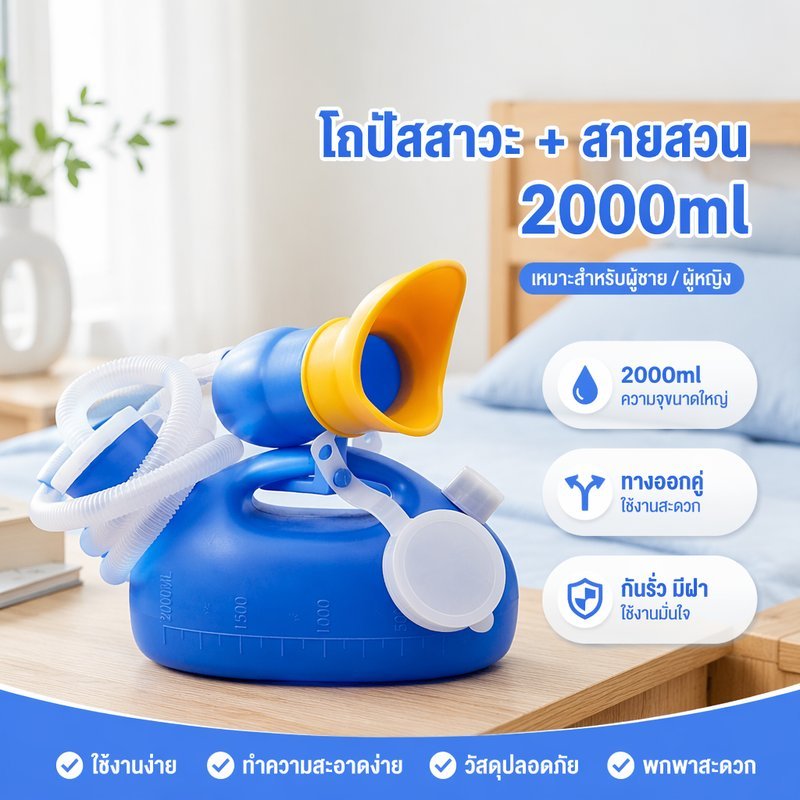 ขวดปัสสาวะแบบพกพา 2000ml Dual Outlet Catheter ฝารั่วทําความสะอาดง่าย Unisex Care