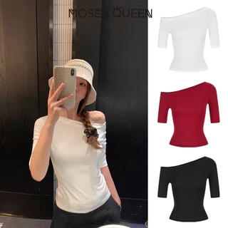 MOSESQUEEN โมเสสควีน เสื้อยืดแขนสั้นไม่มีแขนสําหรับผู้หญิงในฤดูร้อนที่มีความยาวกลางขนาดห้านิ้วเปิดไหล่และเสื้อท็อปครึ่งแขนที่ติดตั้ง #63966