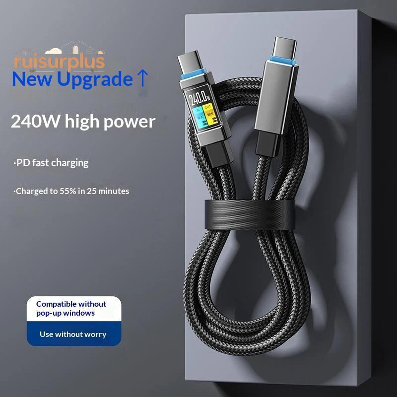 [Rui-t] 240W Type-C ถึง Type-C สายชาร์จเร็วจอแสดงผลดิจิตอลสายถักไนลอนสําหรับ 15 ใช้การเดินทางที่บ้าน