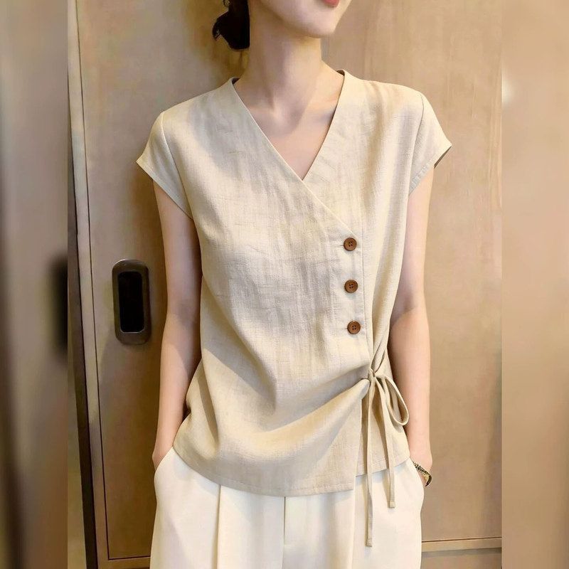 2026 ฤดูร้อนทุกวันสไตล์เรียบง่าย Niche V คอแคบ-เอว Lace-Up เสื้อผู้หญิงแฟชั่น Slimmer ดูแฟชั่นแขนสั้