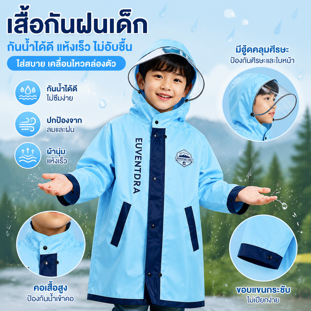 เสื้อกันฝนเด็ก กันน้ำ กันลม รุ่นหมวกใส มองเห็นชัด ไม่บดบังสายตา ดีไซน์ยาวคลุมตัว ใส่สบาย เหมาะสำหรับไปโรงเรียนและวันฝนตก