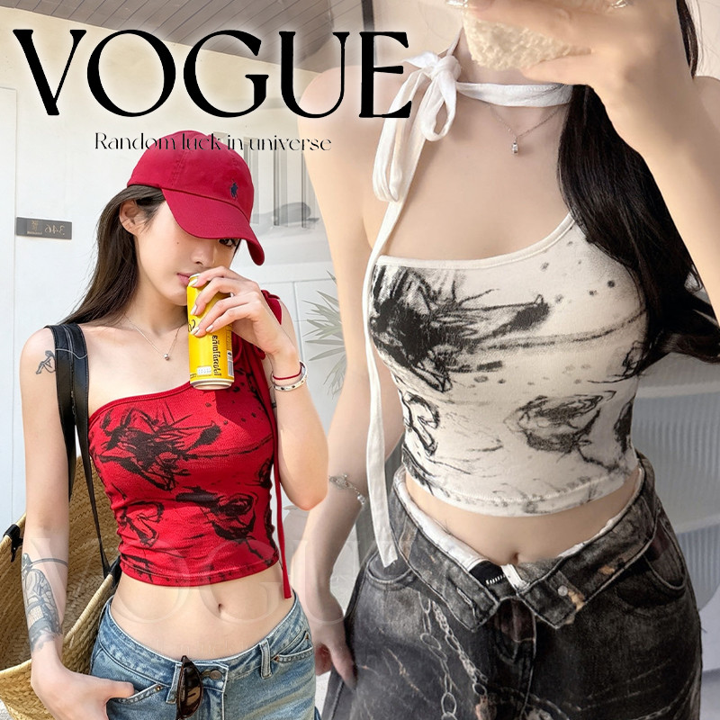 Vogue🌟พร้อมส่ง🌟 เสื้อกล้ามปาดไหล่ ทรงใหม่สำหรับฤดูร้อน ดีเทลสายคล้องคอ ทรงเข้ารูปมีฟองน้ำในตัว (FY6898)